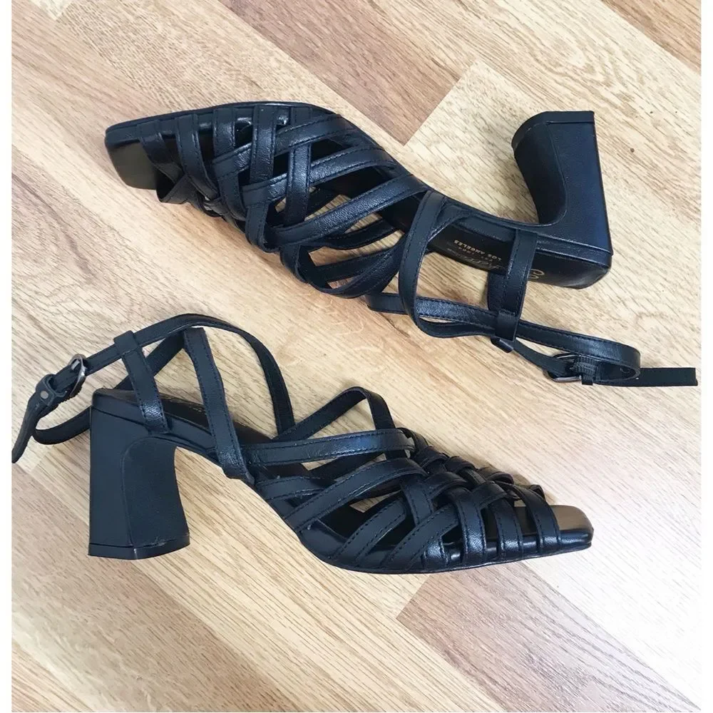 New SEYCHELLES‎ Braided Black Leather Chunky Heel Sandal Strappy Woven Size 6